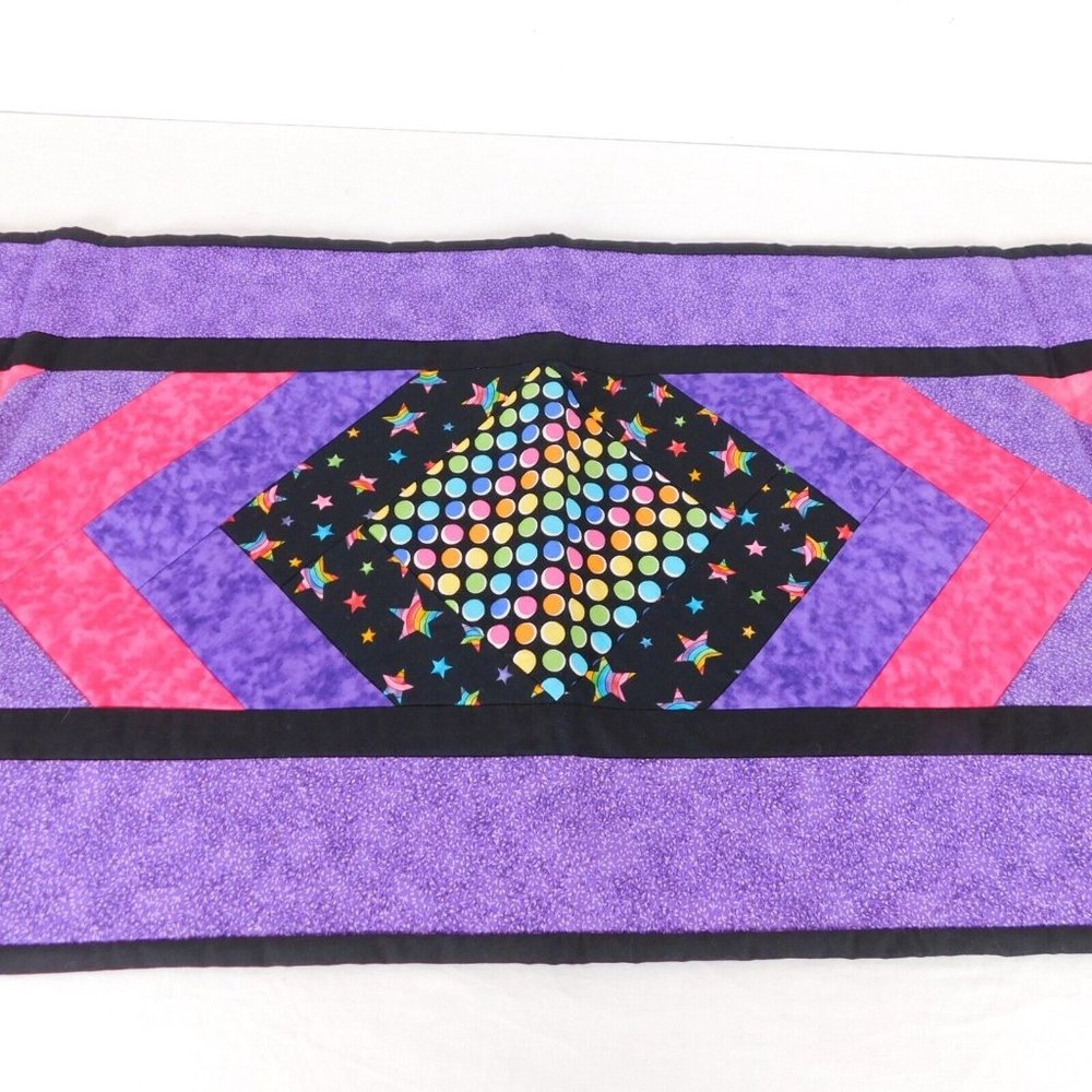 New Hand Crafted Cotton Quilted Table Runner 16.25" x 51.5" Purple Pink Stars
